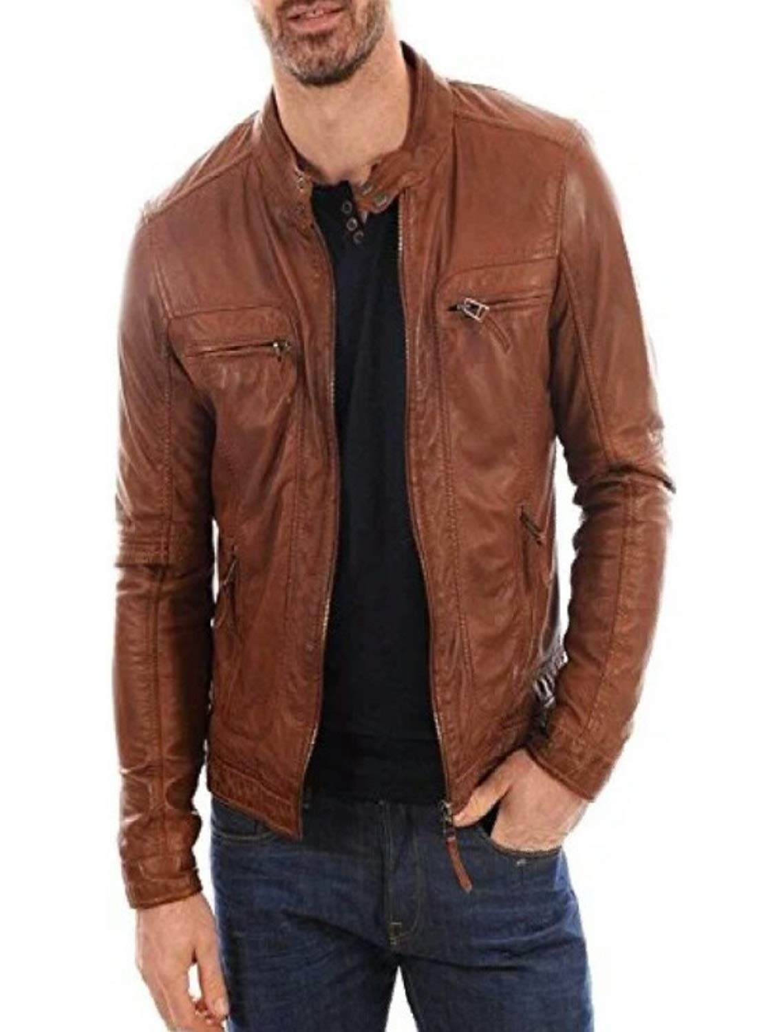 the natural 100% Pure Leather Men's Jacket - Medium,Brown-picture-17