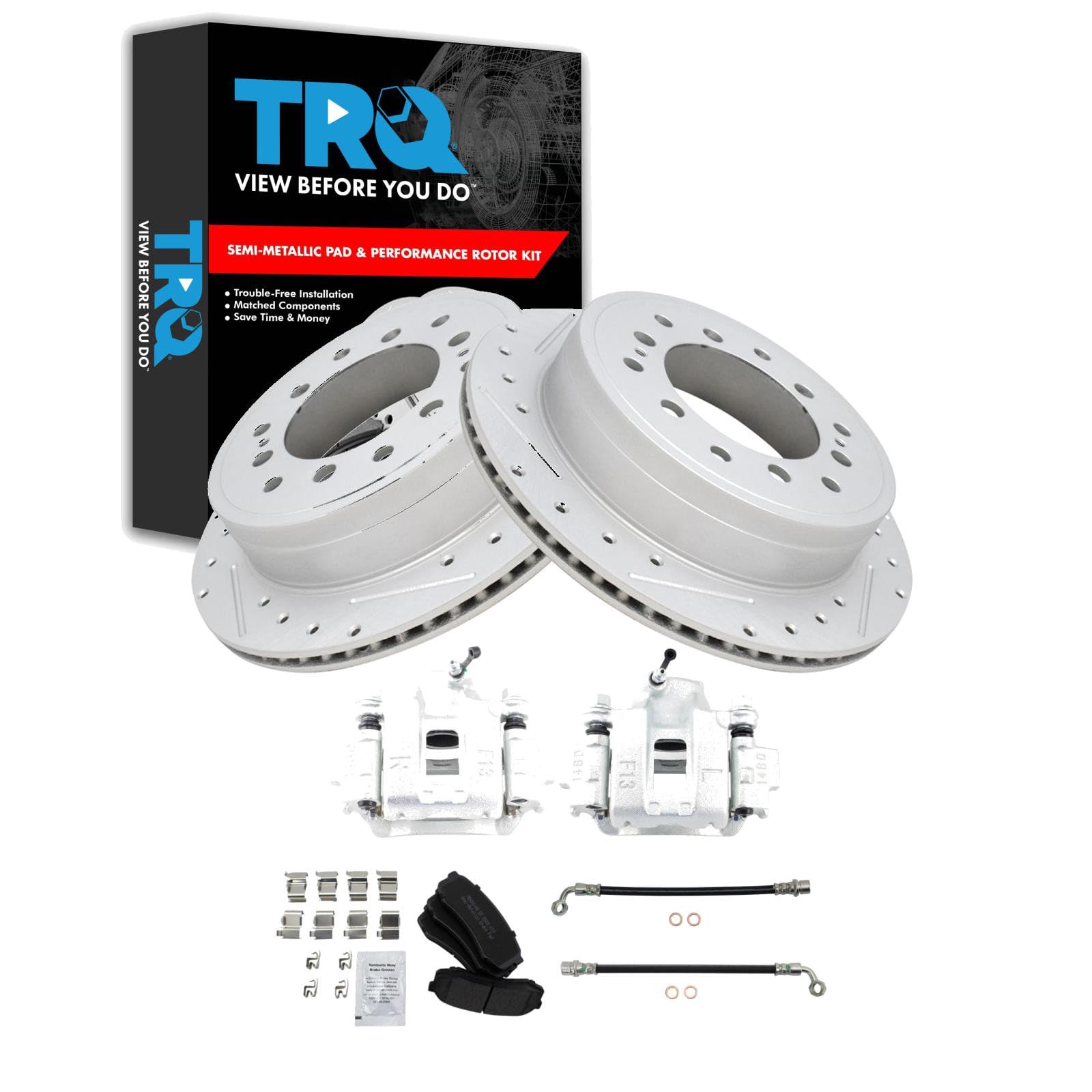 TRQ Performance Rear Brake Pad and Rotor Set Semi Metallic Drilled Slotted Coated Rotors Calipers Compatible with 2010-2014 Toyota FJ Cruiser