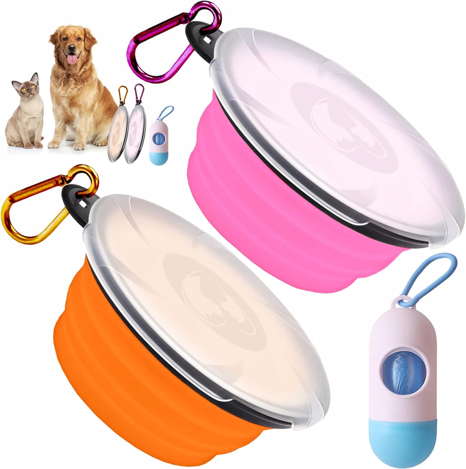 Collapsible Dog Bowl for Travel, 2 Pack Foldable Bowl with Lid Dog Water Bowl Puppy Feeding Bowls & Dog Poop Bag with Dispenser,…