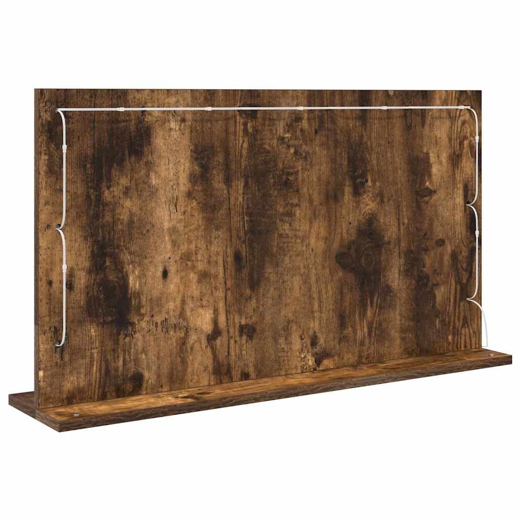 Espejo de tocador con tira LED roble ahumado 80 x 45 x 18 cm, cristal y madera chapada, luz blanca cálida, para dormitorio, baño y vestidor