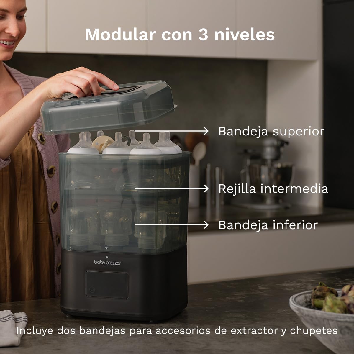 Baby Brezza SuperQuick Esterilizador y Secador en 10 Minutos (75% Más Rápido) | Mayor Capacidad para 8 Biberones y Piezas de Extractor | Esterilizador Eléctrico de Vapor | 4 en 1 (Negro) | Mantiene el contenido estéril hasta 48 horas