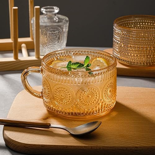 Miniatura 3 de Amzcku Tazas de café de vidrio vintage, taza de té de 14 onzas, juego de 2 vasos en relieve con asa, para capuchino, latte, cereales, yogur, bebidas