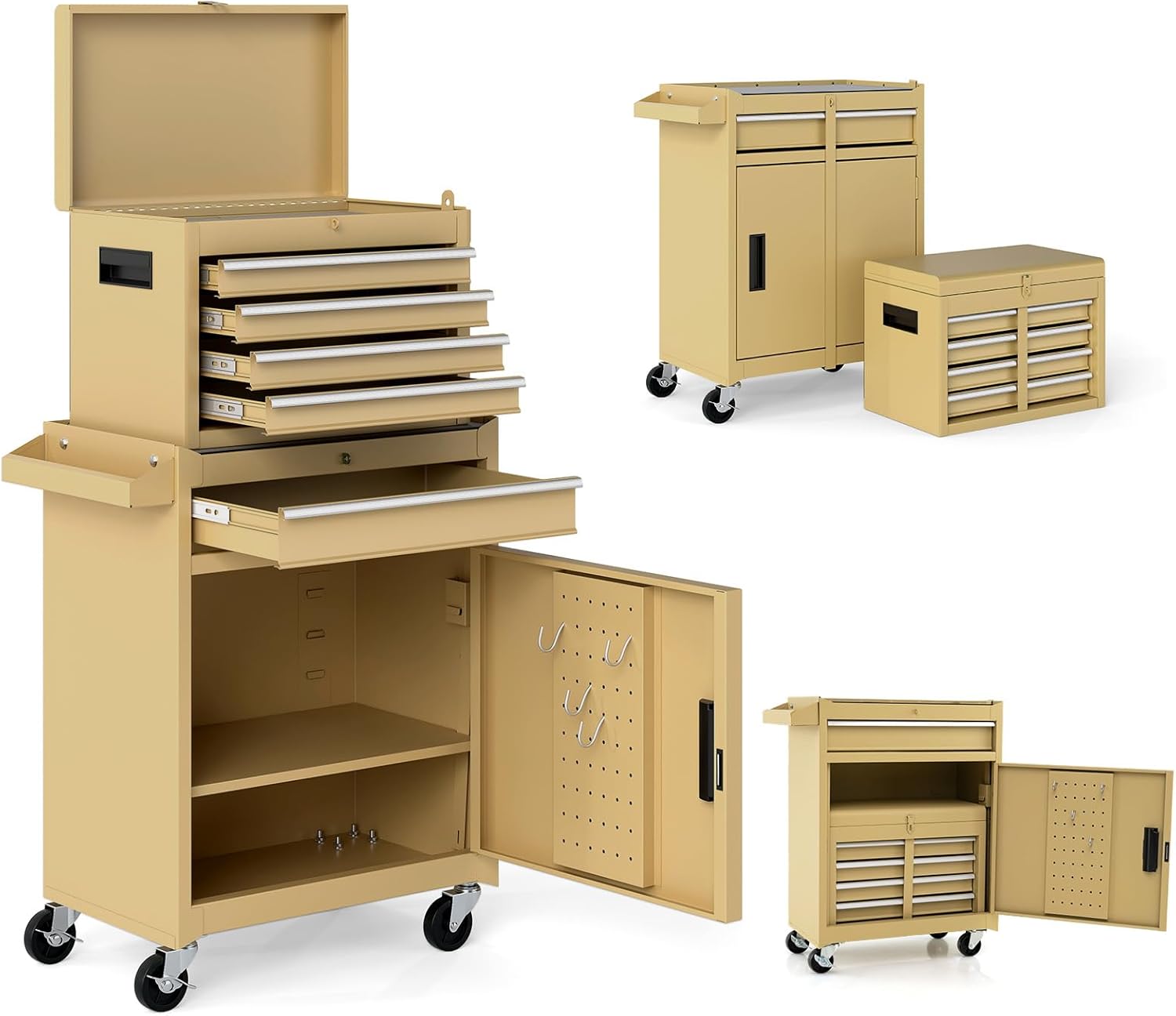 TANGZON Rolling Tool Chest, 2-in-1 Large Capacity Tool Cabinet with Wheels, 5 Drawers & Auto-Locking System, Heavy-Duty Metal Toolbox for Workshop, Warehouse, Garage (Yellow)