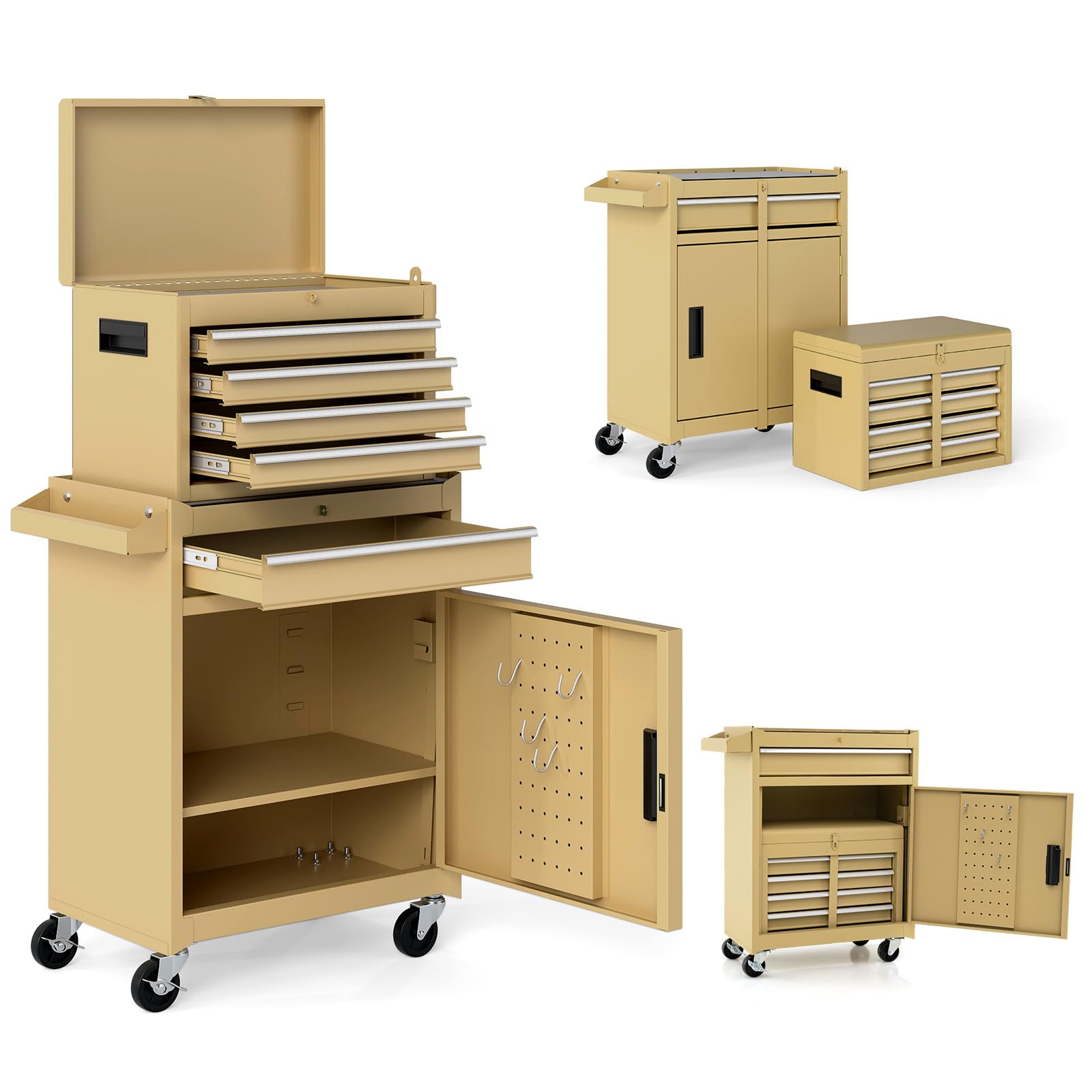 TANGZON Rolling Tool Chest, 2-in-1 Large Capacity Tool Cabinet with Wheels, 5 Drawers & Auto-Locking System, Heavy-Duty Metal Toolbox for Workshop, Warehouse, Garage (Yellow)