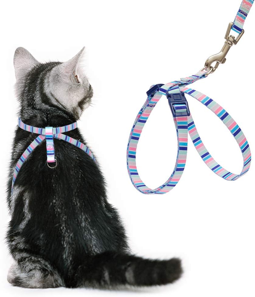 PUPTECK Breathable Cat Harness with Leash Set - Reflective Vest Strap for Small Kitties Pets, Soft and Durable (Medium, Blue Striped)