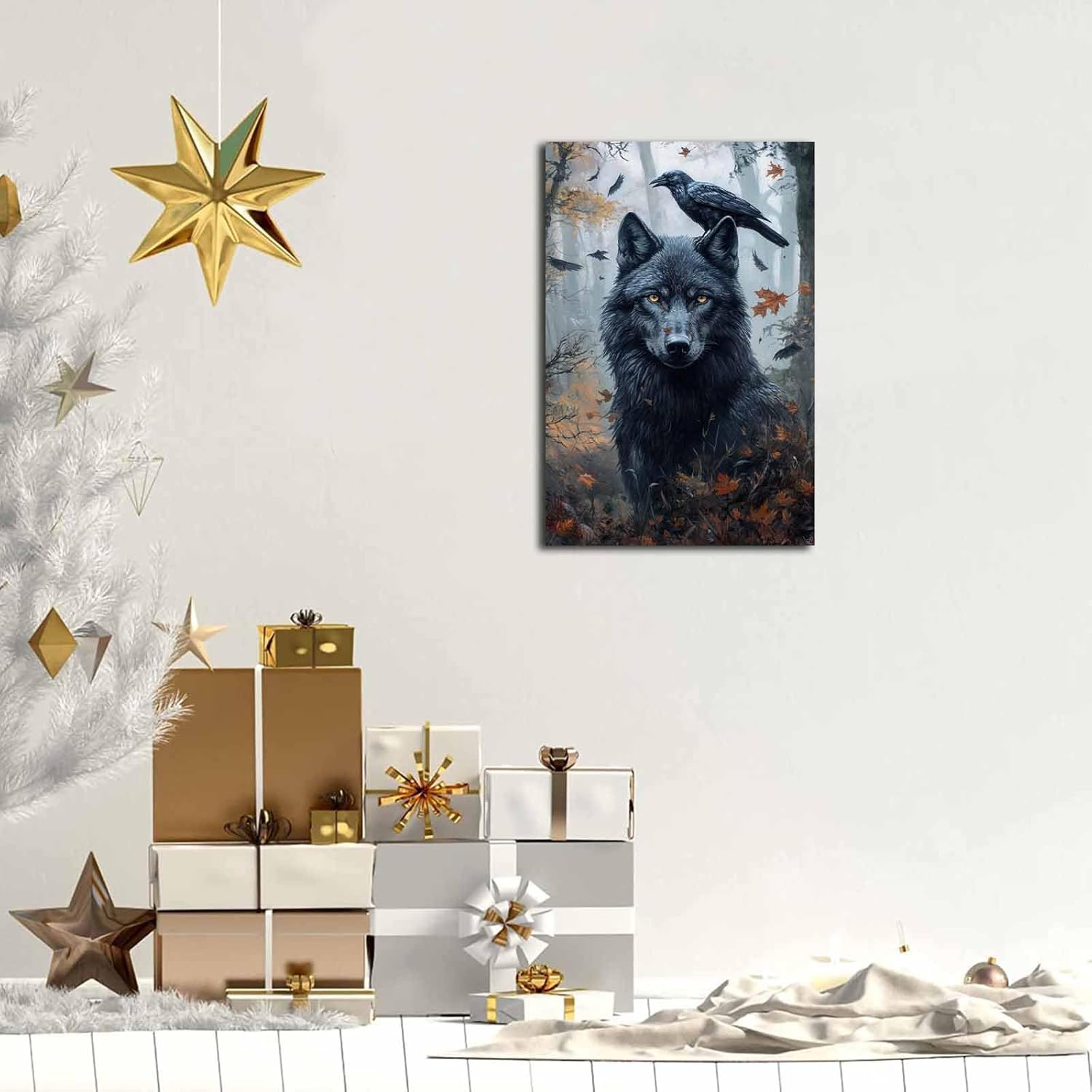 NTEUMM Wolf and Raven Art Print Dark Gothic Fantasy Mystical Dream Moody Animal Wildlife Forest Wolf Crow Canvas Poster Halloween Picture Wall Decor Canvas Roll 16x24 inch