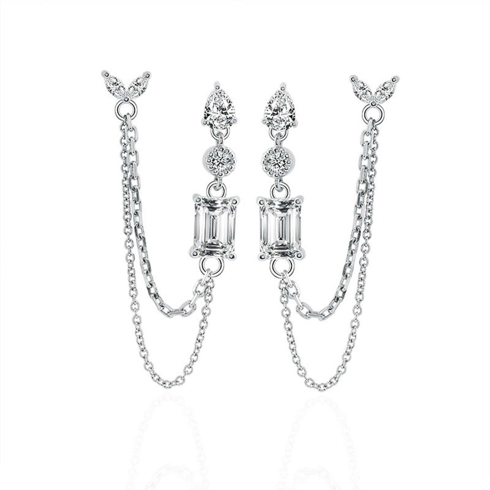 Ohrpiercing-Ohrringe für Damen, 9 K/14 K/18 K Roségold/Platin 950, Lange Kette, Quaste mit rechteckigen Moissanit-Ohrhängern