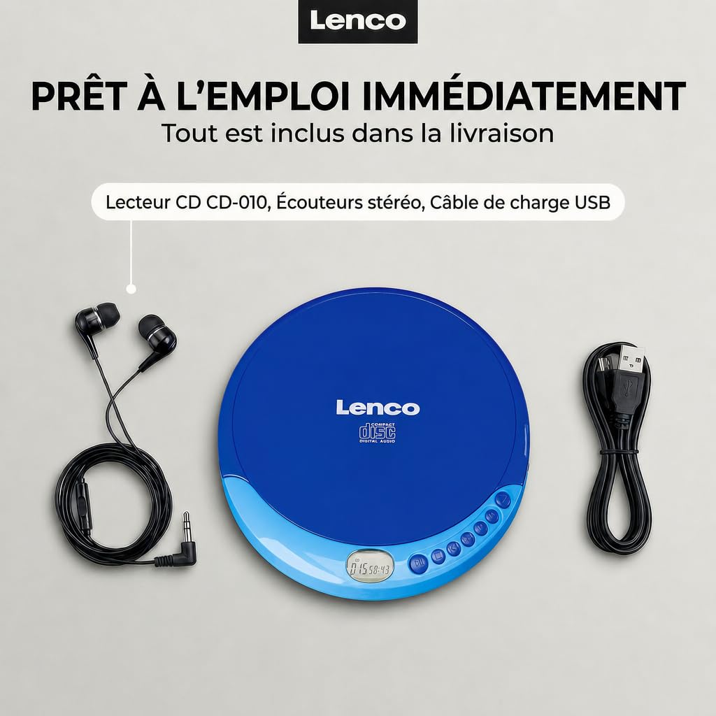 Lenco CD-011 - Lecteur CD portable avec fonction de recharge de la batterie -Diskman - CD Walkman - Avec écouteurs et câble de recharge micro-USB - Écran LCD - Bleu