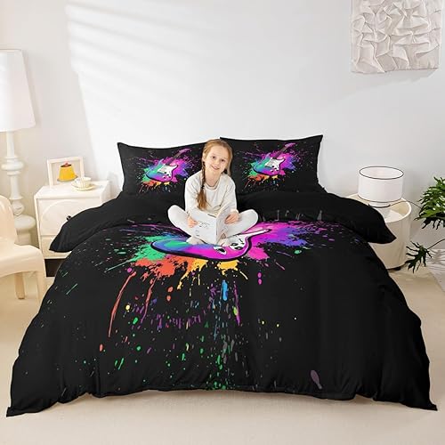 Miniatura 18 de Juego de cama con funda de edredón de música rock, temática musical, funda de edredón con estampado de notas musicales, tamaño Queen, juegos de ropa