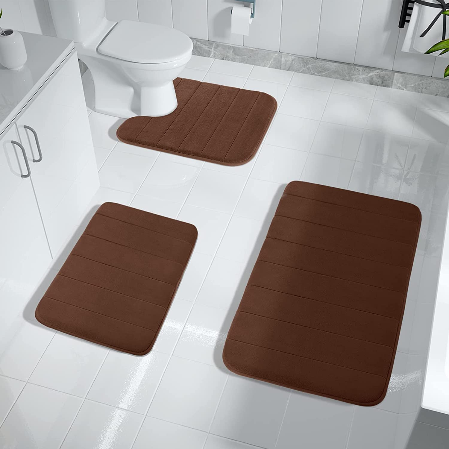 Onlyeasy 3 Pieces Memory Foam Bath Mat Sets, 31.5 x 19.8 + 17x24 and U-Shaped for Bathroom Rugs, Toilet Mats, Non-Slip, Soft Comfortable, Water Absorption, Machine Washable, Brown