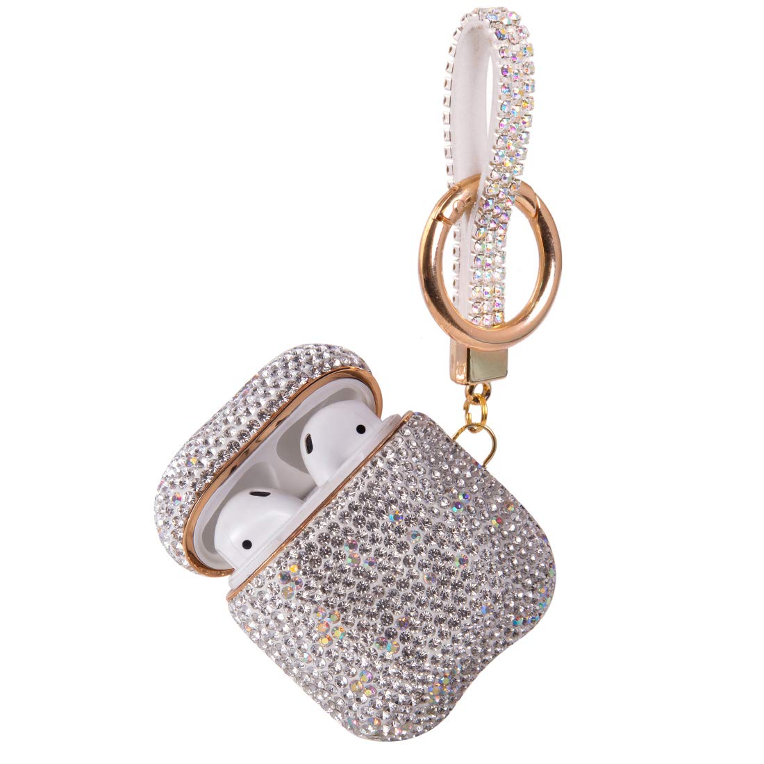 Sparkly Diamond Case for AirPods with Keychain, Shockproof Protective Premium Bling Rhinestone Cover Skin Compatible with AirPods Charging Case 2 & 1(