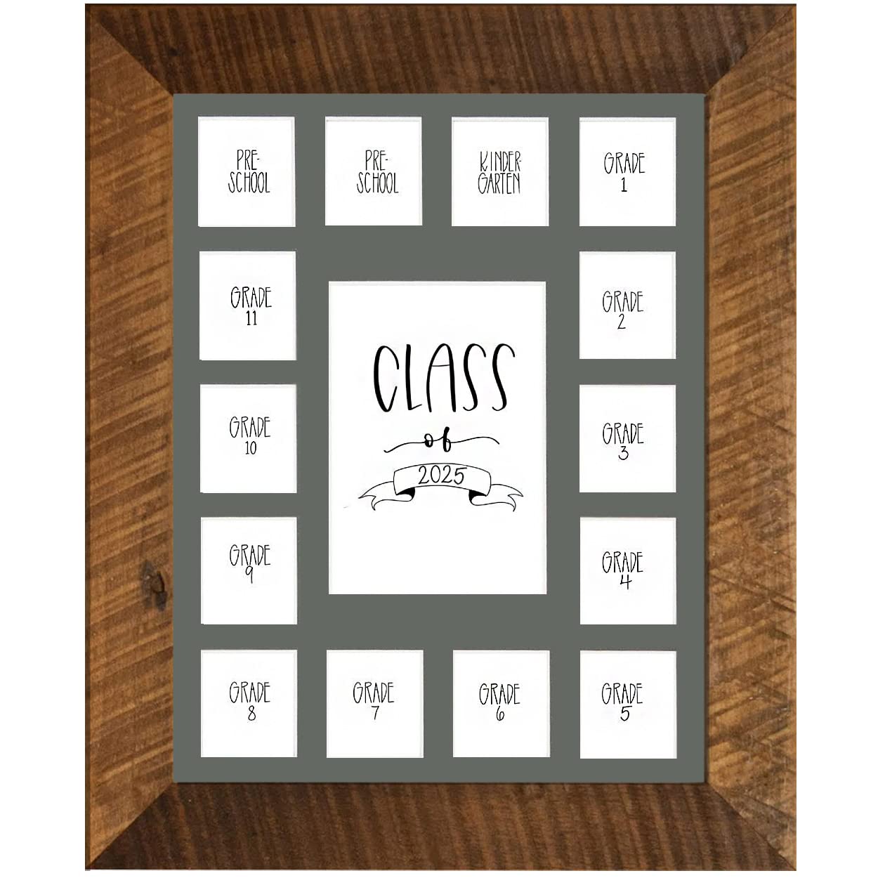 Rustic Red Door Co. School Years Reclaimed Wood Picture Frame - 11x14 Wooden Framed 15 Photo Collage Mat Pre-School &amp; Kindergarten to 12th Grade High School Graduation (Class of 2025, Grey)