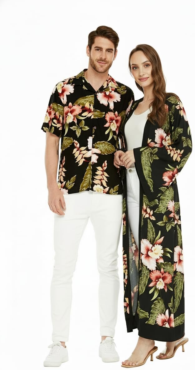 Matchable Couple Hawaiian Luau Shirt or Maxi Kimono in Rafelsia Black