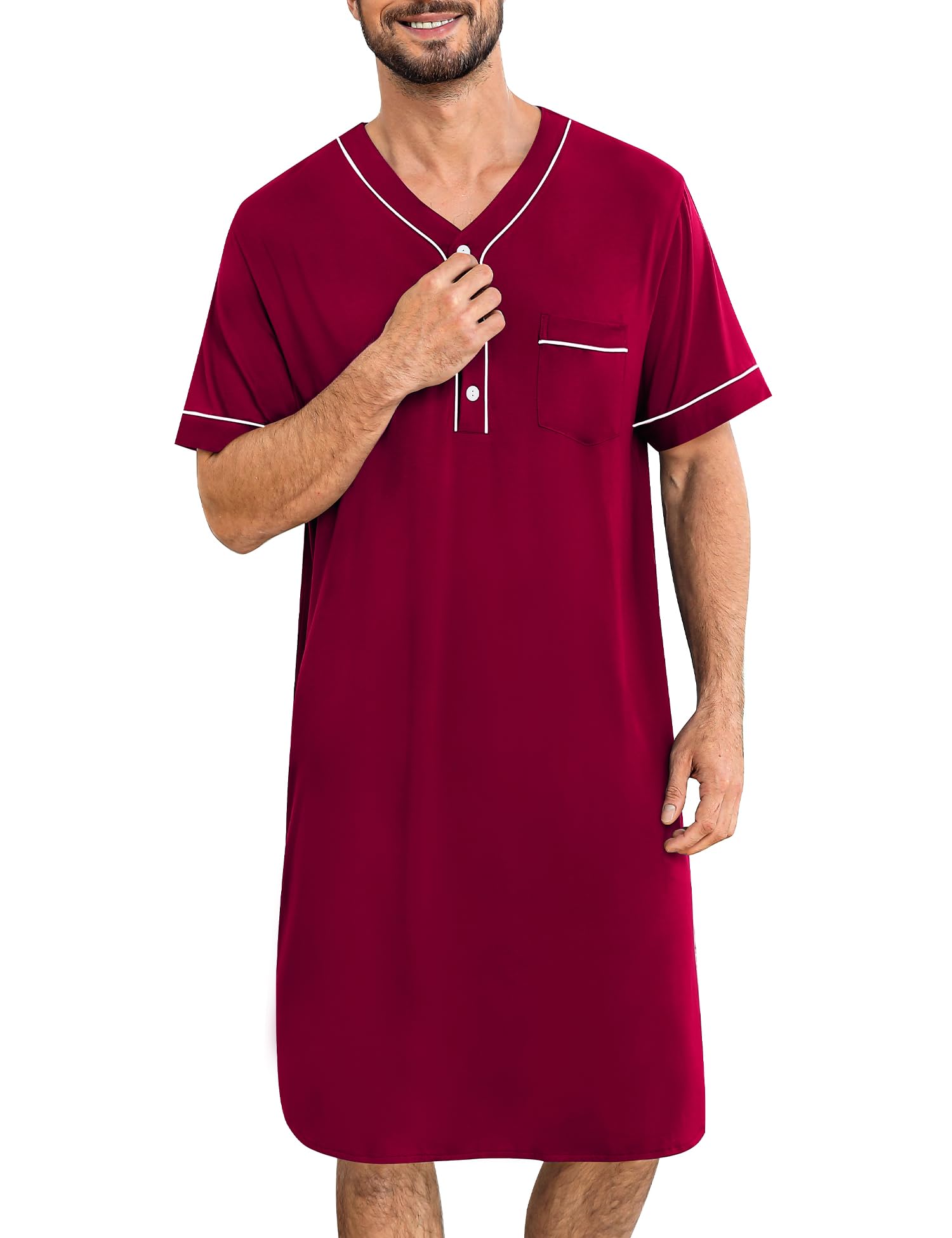 SWOMOG Mens Nightgown Short Sleeve Lounge, Sleep Henley Shirt Pajama Big &amp; Tall Nightshirt Comfy Nightwear XX-Large Wine Red