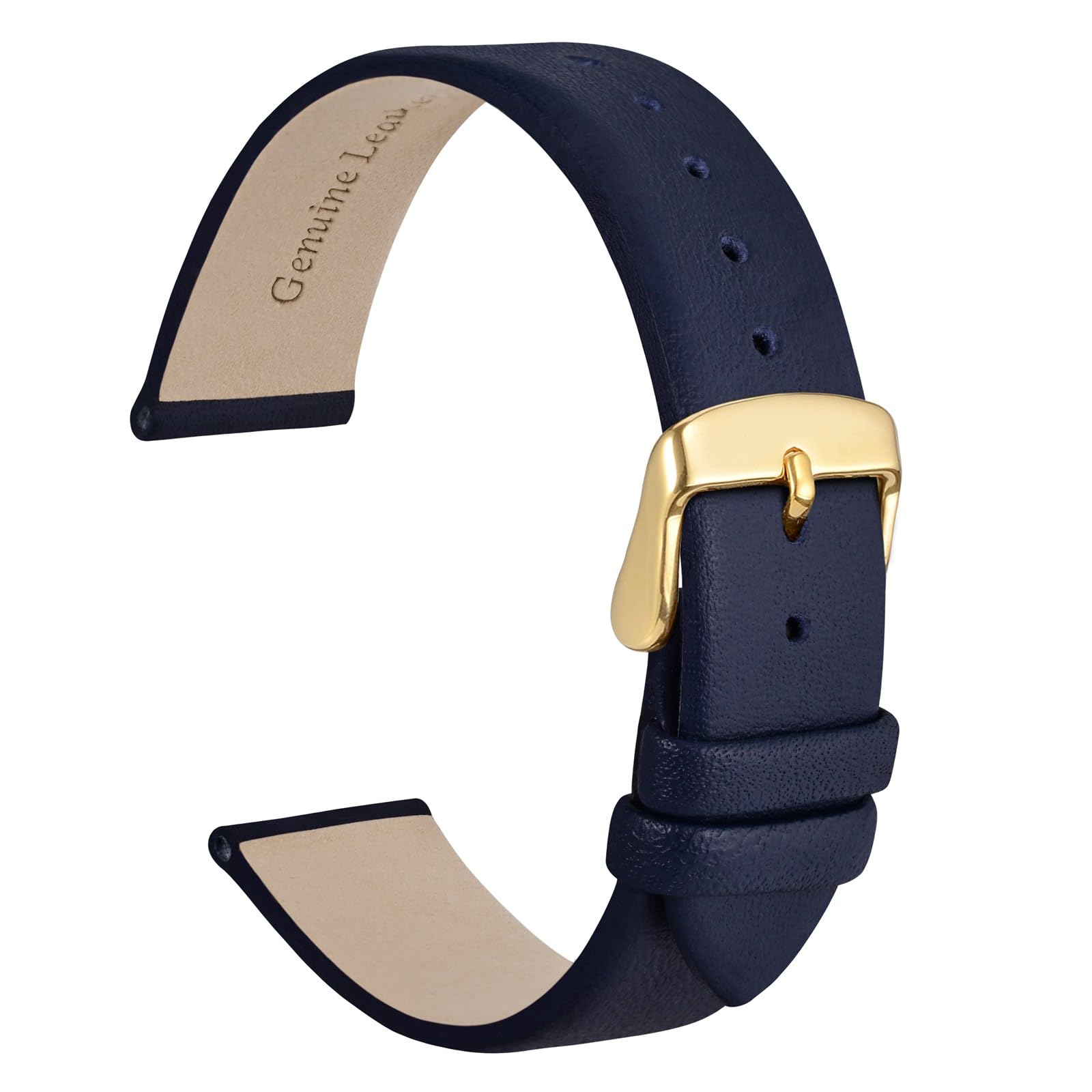 WOCCI 22mm Lug Width, Elegant Watch Band, Genuine Leather Replacement Strap with Gold Buckle (Dark Blue)