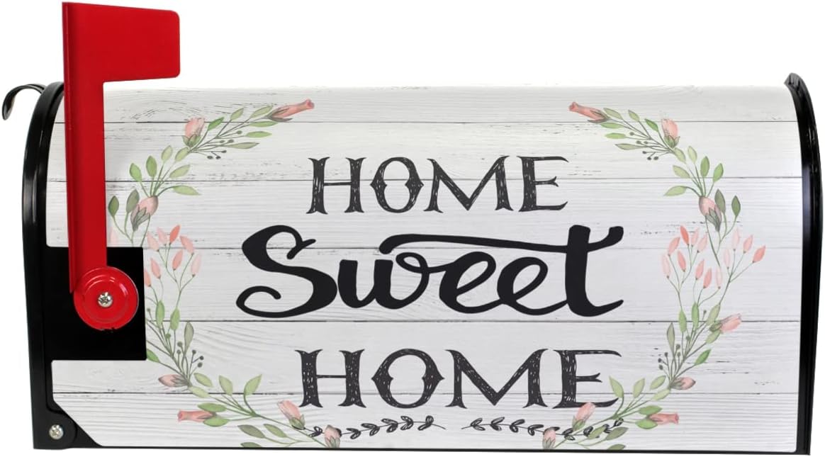 Home Sweet Home Mailbox Cover Standard Size Spring Flowers Wreath White Wood Printing Magnetic Mailbox Covers Post Wraps Letter Box Cover Garden Yard Outdoor Decorations 25" L x 21" W