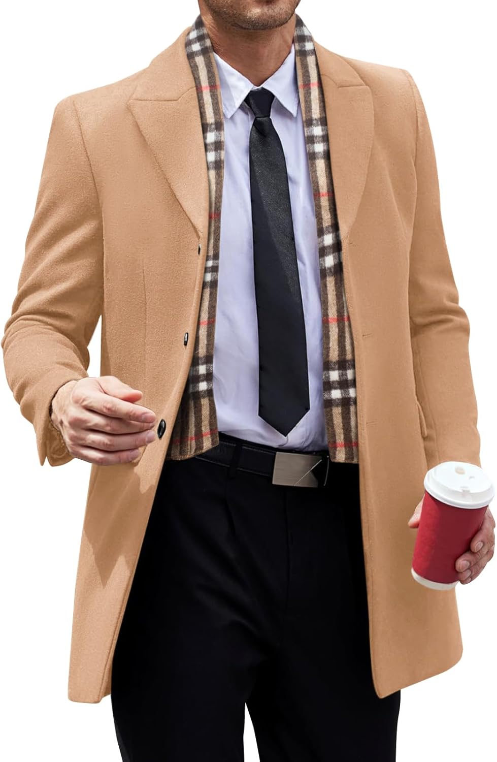 Runcati Men's Pea Coat with Detachable Plaid Scarfs Fall Single Breasted Wool Blend Trench Coat Winter Overcoat