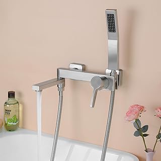 PHASAT Wandmontage Badewannenarmatur mit Handbrause, Mischbatterie Badewanne Set, Badewanne Wasserhahn mit 90° Drehbaren Auslauf, Wannenarmatur Badarmaturen Gebürstetes Nickel PTBL17E