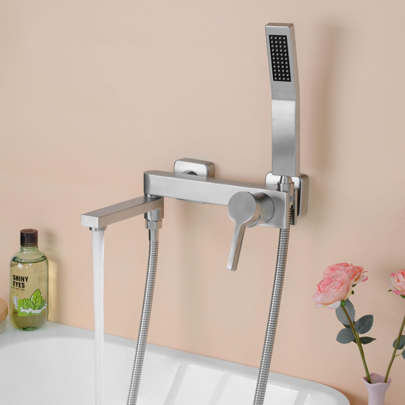 PHASAT Rubinetti per Vasca con Doccetta, Miscelatore per Doccia per Bagno, Rubinetto a Parete Bagno Bocca girevole a 90 °, Nichel Spazzolato PTBL17E