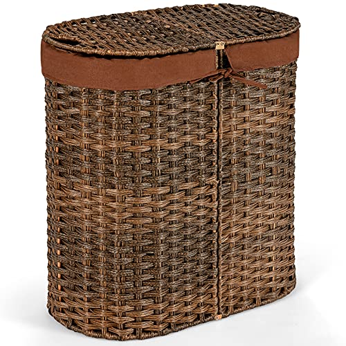 Image of Giantex Double Laundry Hamper with Lid, Oval Laundry Basket with 2 Removable Liner Bags, Portable Handwoven Clothes Sorter Bin for Living Room Bedroom Laundry (Brown)