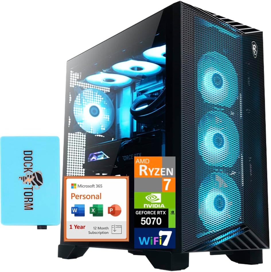 msi Aegis AI Gaming Desktop PC (AMD Ryzen 7 9700X, GeForce RTX 5070 12GB GDDR7, 32GB DDR5, 2TB PCIe SSD + 2TB HDD, RGB Fans, 360mm AIO, Win 11 Pro) w/MS 365 Personal, DKZ USB Port Expander