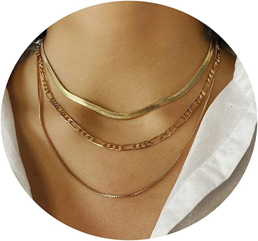 LEXODYLEXODY 14K Gold Multi-layer Snake Chain Necklace Set Double Layer Snake Filled Herringbone Choker Necklace for Women Layering Cuban Chain Flat Snake Chain Jewelry