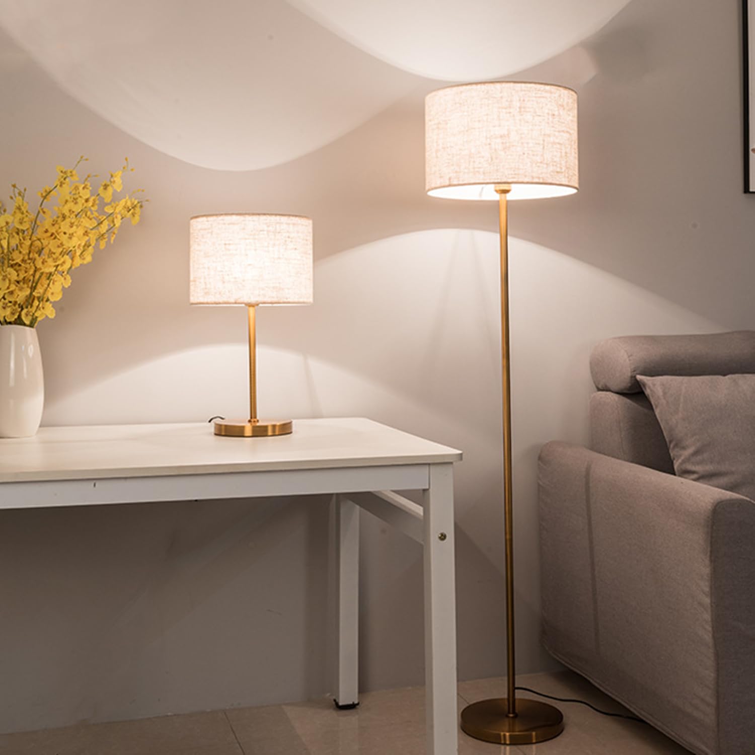 30cm Cylindre Abat-jour Tambour Abat Jour en Tissu pour Lampe de Table Plafond Suspension Abat-jour E27 Lampe de Chevet Lampadaire Lamp Murale 30x30x20 CM(Beige-blanc)