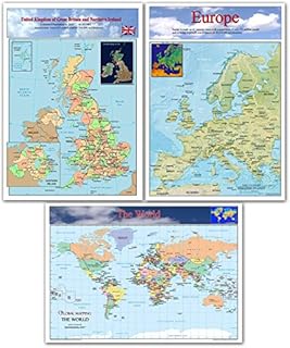 Educational Map Set - United Kingdom, Europe, World - Paper Laminated