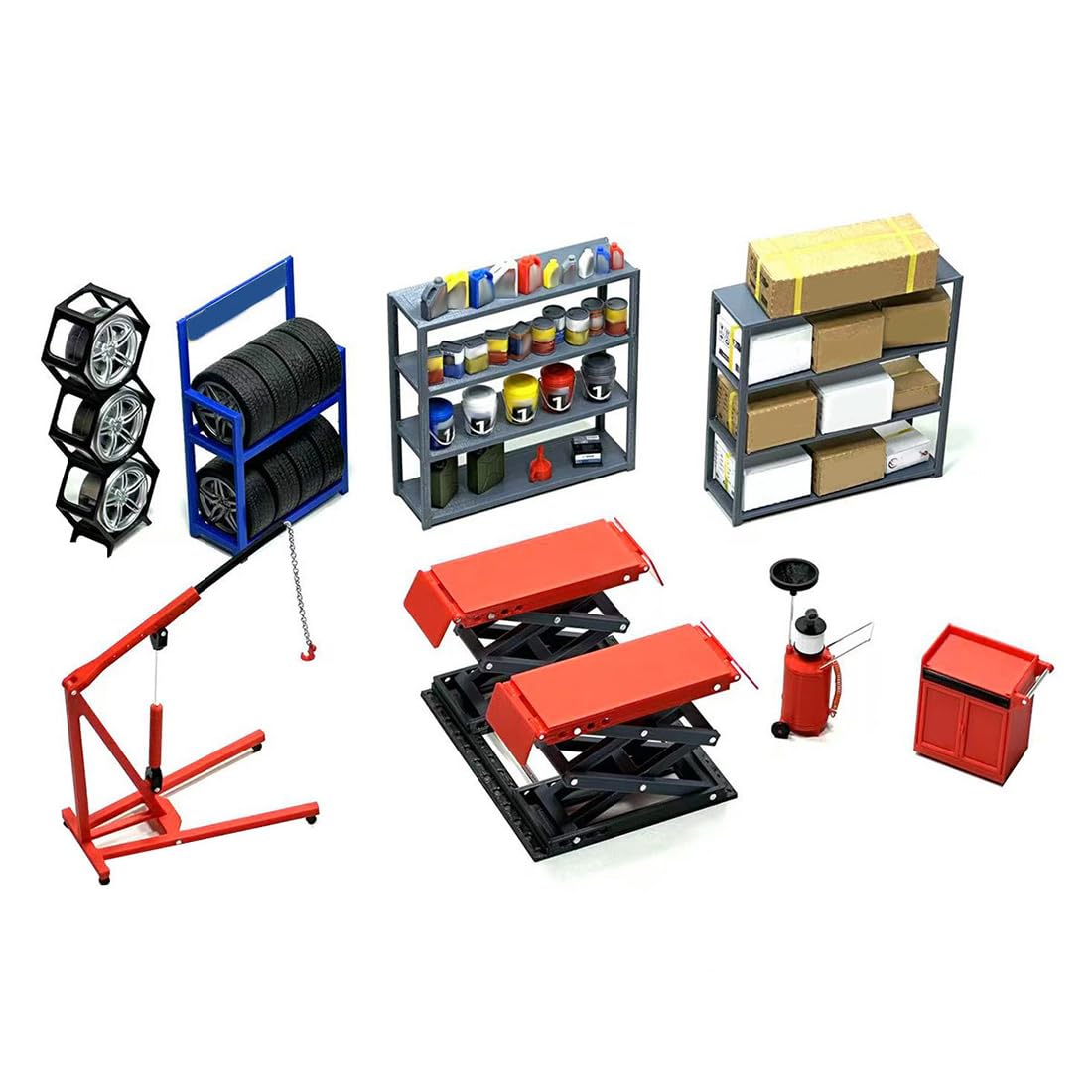 Accessoires de garage à l'échelle 1/18, ensemble de modèles de levage et de porte-pneus pour atelier de réparation automobile et scène de magasin personnalisé, peut être affiché avec un modèle de