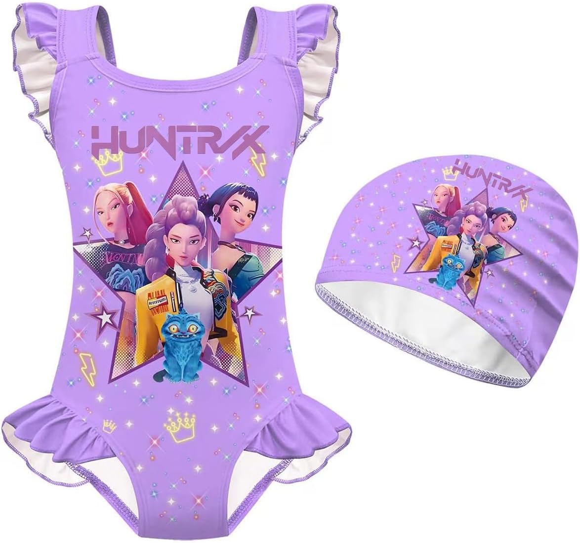 Demon Hunter Anime One-Piece Swimsuit with Swim Cap, Suitable for Girls Aged 3-14, Anime Print Swimsuit, Summer Swimsuit.
