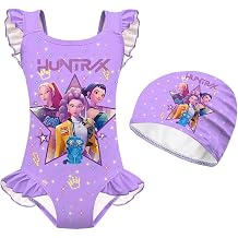Demon Hunter Anime One-Piece Swimsuit with Swim Cap, Suitable for Girls Aged 3-14, Anime Print Swimsuit, Summer Swimsuit.