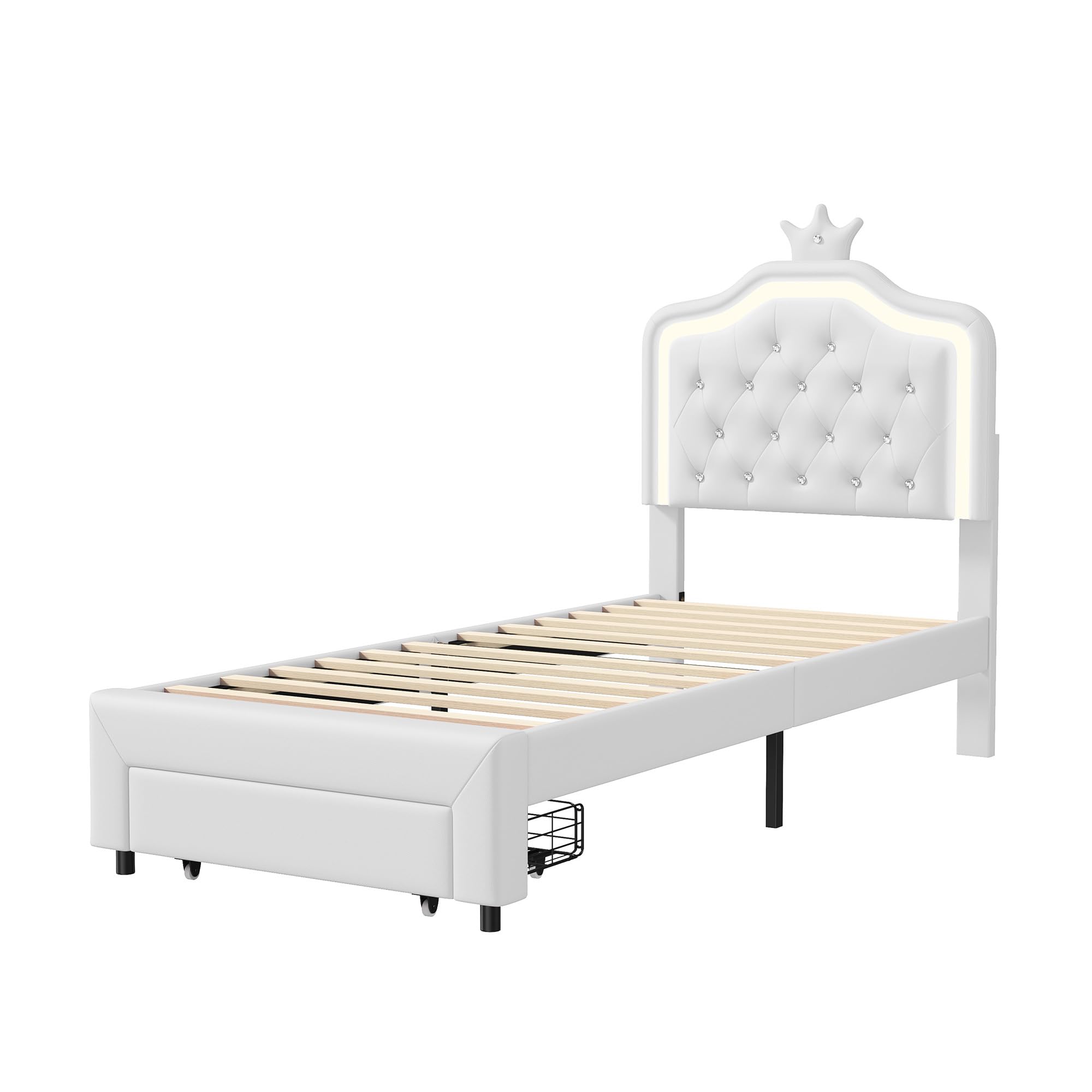 Lit Princesse Enfant 90x200 cm avec Tiroirs de Rangement, Tête de Lit Capitonnée avec LED et Décor Couronne, Revêtement en Similicuir Blanc – Design Féérique pour Fille (Blanc, 90x200 cm)