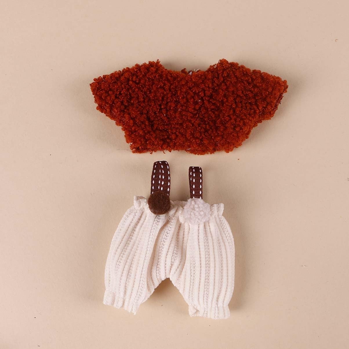 Compatible with Labubu (NO Doll) - Caramel Brown Teddy Top + White Knit Overalls with Pom-Pom Decor, 15cm/17cm Doll Clothing (Brown-White)