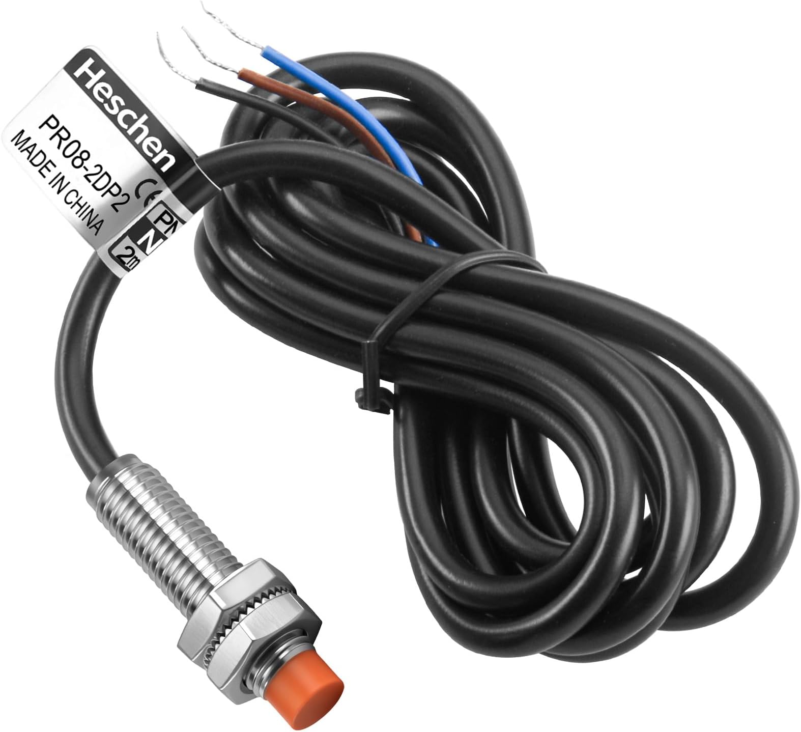 Heschen PR08-2DP2 Inductive Proximity Sensor Switch, 12-24VDC 3-Wire PNP NC(Normally Closed), M08 Sensing Diameter, 2mm Sensing Distance, IP67 Protection, CE