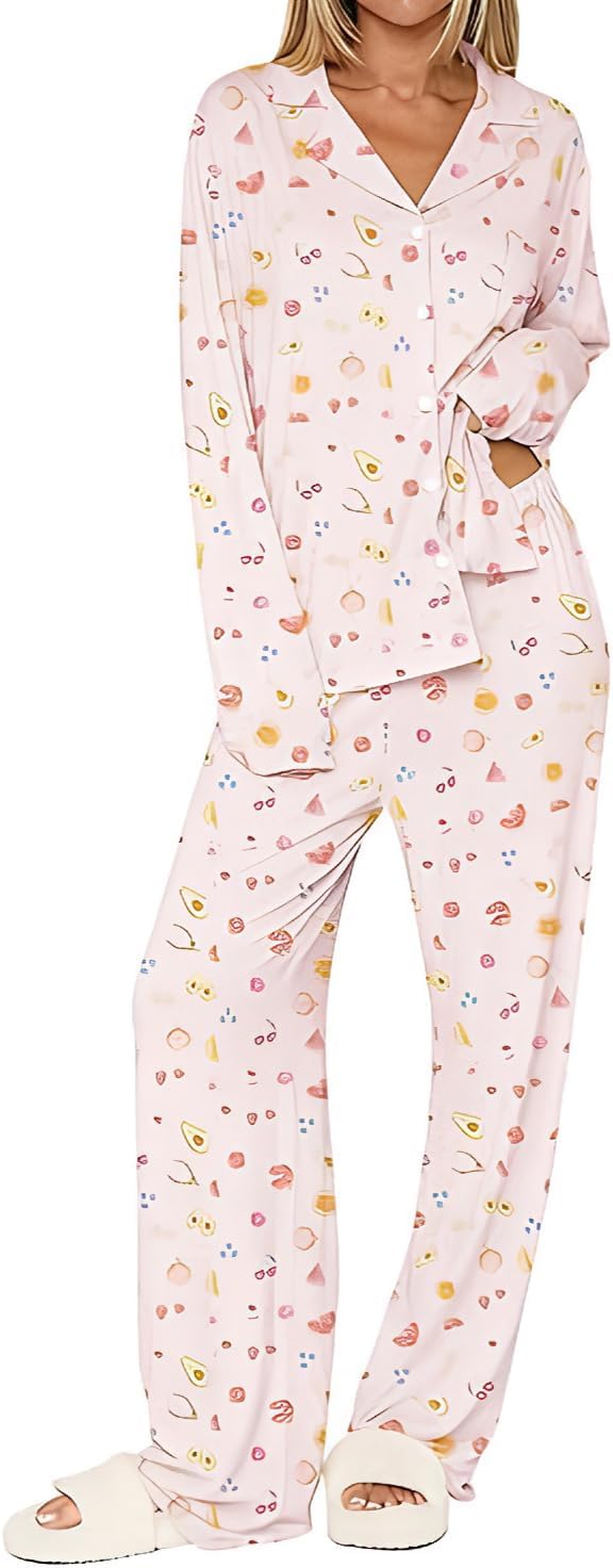 Womens 2 Piece Fruit Pajamas Set Cute Pjs Button Down Long Sleeve Wide Leg Y2K Coquette Fall Lounge Set Sleepwear S-XL
