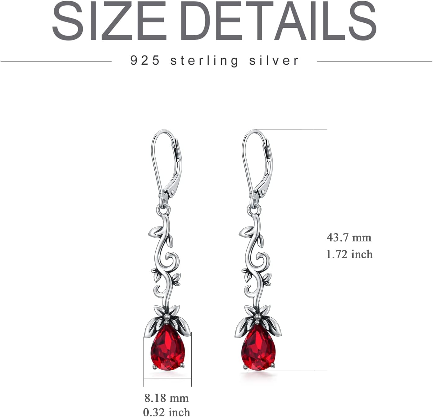 925 Sterling Silver Vintage Oxidized Branches Dangle Drop Leverback Earrings with 8 * 6mm Simulated Birthstone Crystal, Christmas Earrings Gifts for Women