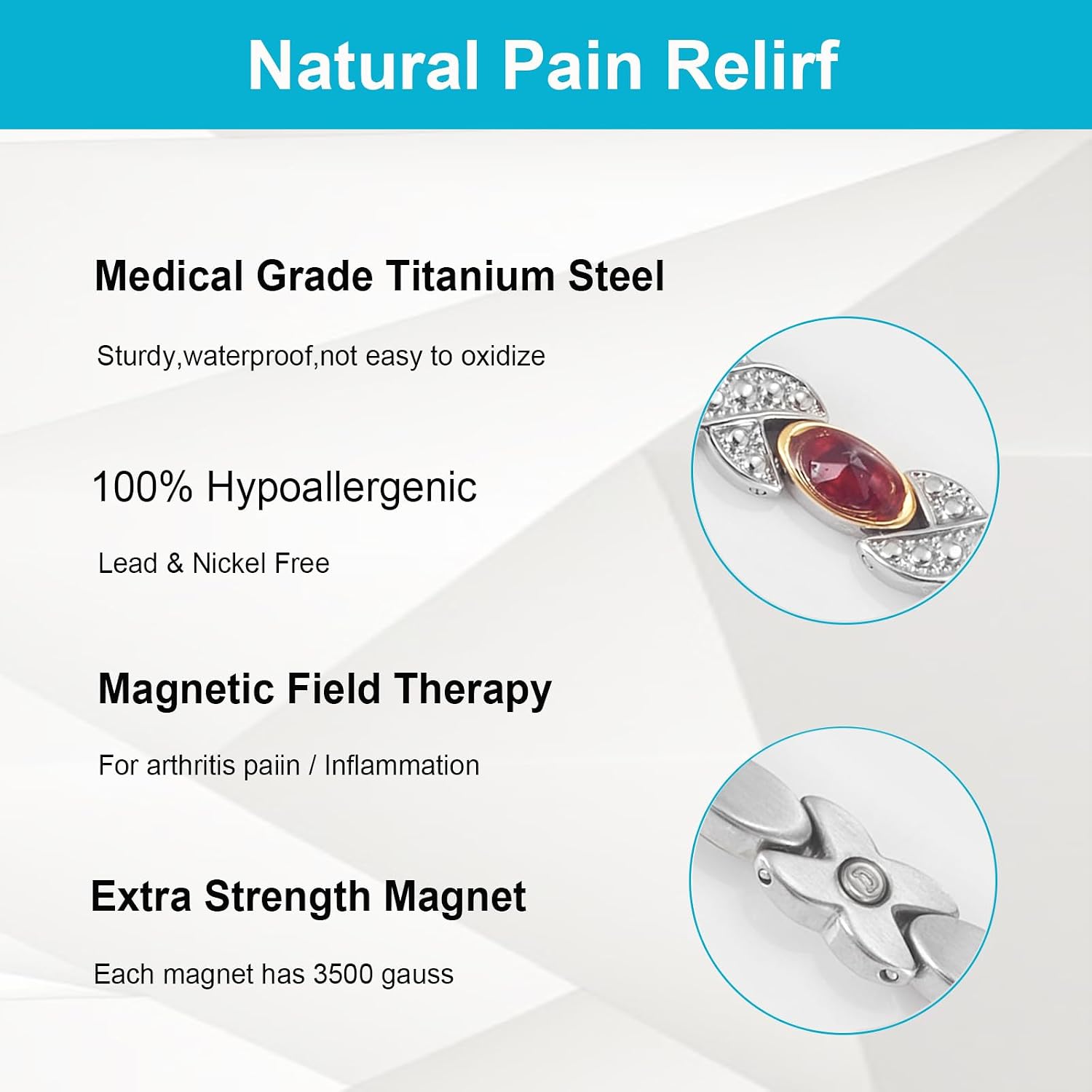 Magnetic Bracelets for Women, Stainless Steel Magnetic Bracelet with Red Stones, Fashion Magnetic Jewelry