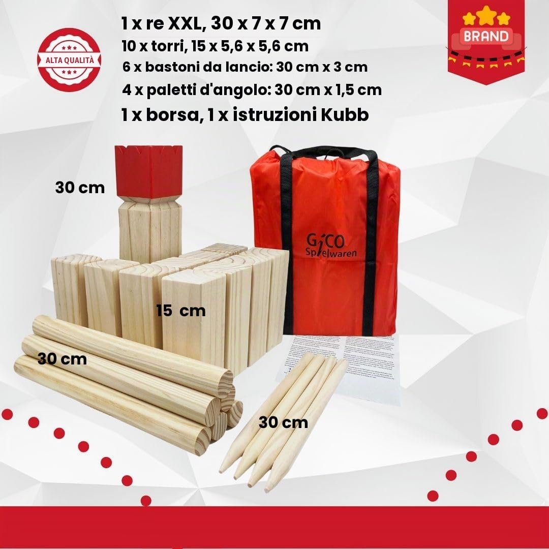 GICO Kubb Gioco Vichinghi: Bello e Duraturo per Bambini e Adulti in Legno di Alta Qualità con Regola e Borsa per Il Transporto 3263