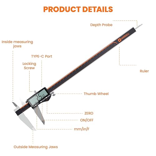 Miniatura 3 de HARDELL Calibre digital de 12 pulgadas, pinzas recargables con pantalla LCD grande, herramienta de medición de calibrador digital de acero
