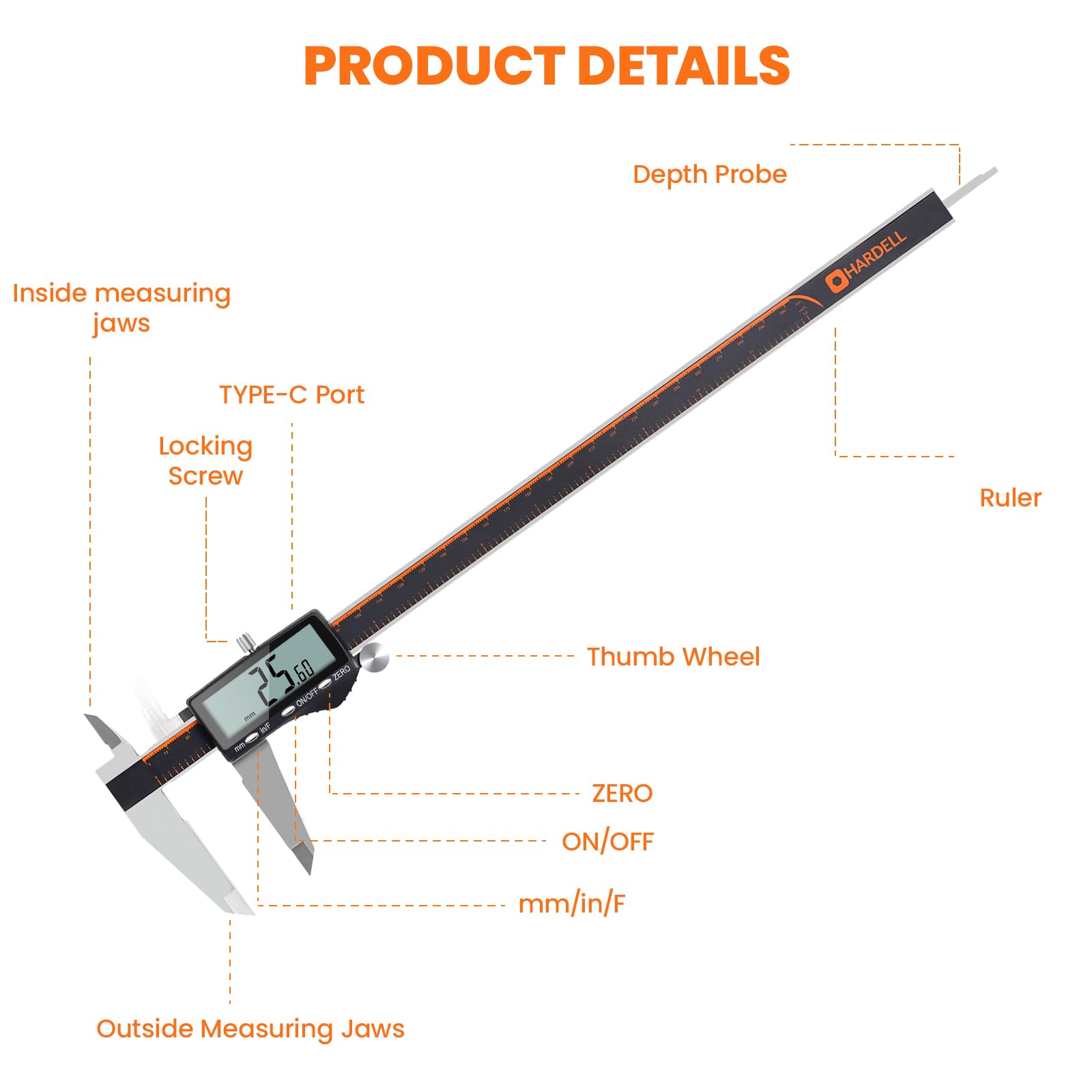 Calibrador digital de 12 pulgadas, recargable, con pantalla LCD grande, de acero inoxidable, con apagado automático, mide pulgadas, milímetros y fracciones, ideal para bricolaje, uso doméstico e imp