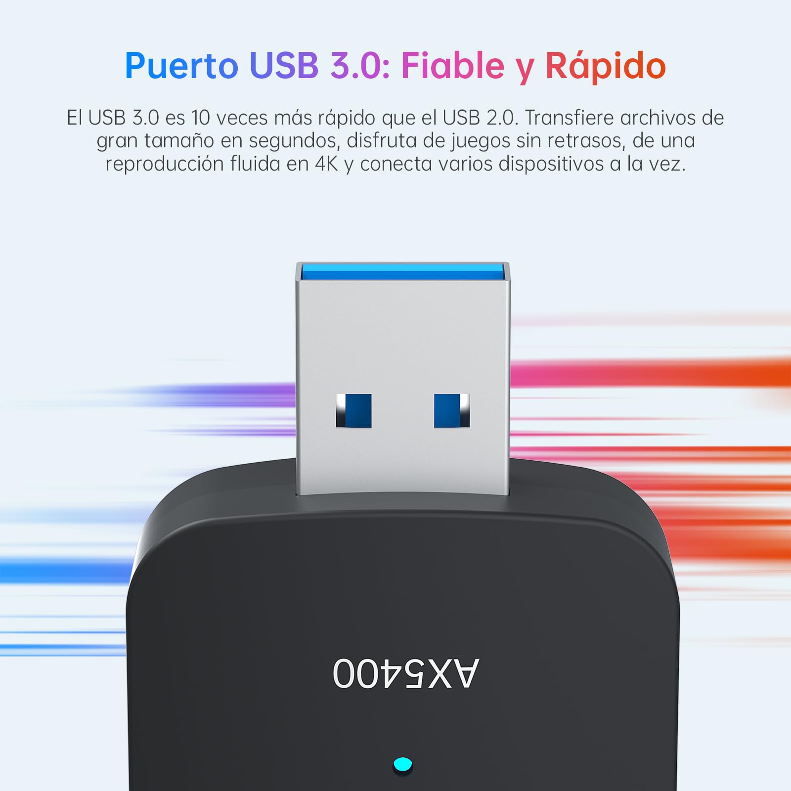 AX5400 Adaptador WiFi USB para PC, USB3.0 Tri-Banda 6/5/2,4GHz Antena WiFi PC, 2 Antenas de Alta Ganancia, Latencia Ultrabaja, MU-MIMO, OFDMA, WPA3, Compatible con Windows 11/10