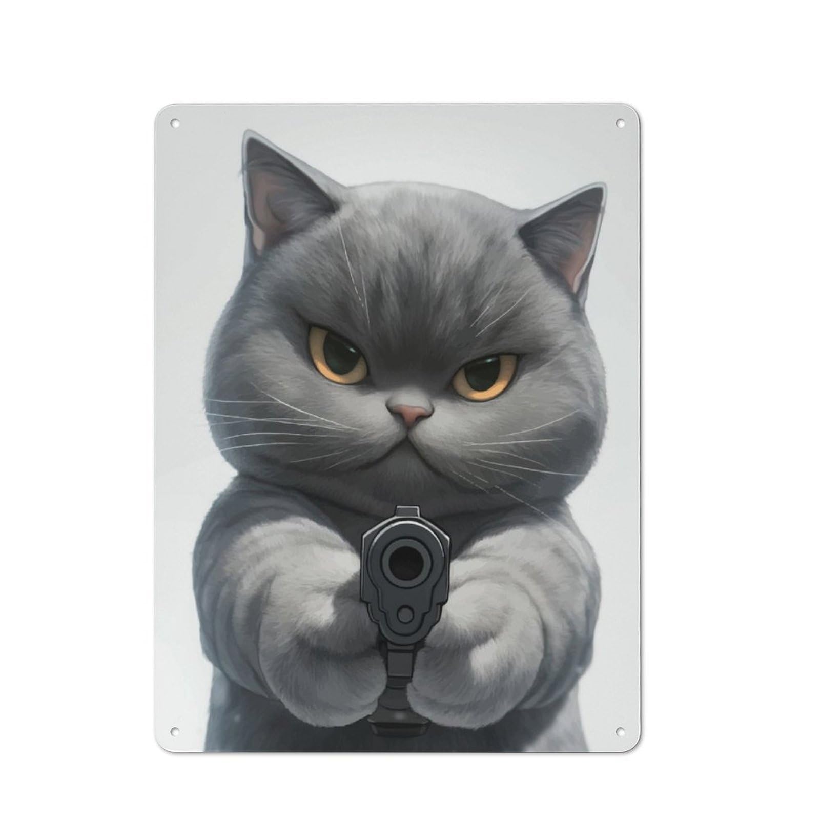 Junmoney Angry Cat With Gun 40X30cm Rustic Metal Sign With For Hobby Room Or Studio, Metal Sign Decor For Hobby Rooms And Studios