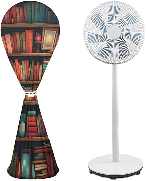 Vintage Bookshelf Pattern Fan Cover 20D x 51H Waterproof Pedestal Fan Dust Cover Household Standing Floor Fan Covers Washable Dustproof Protective Cover for Indoor Outdoor