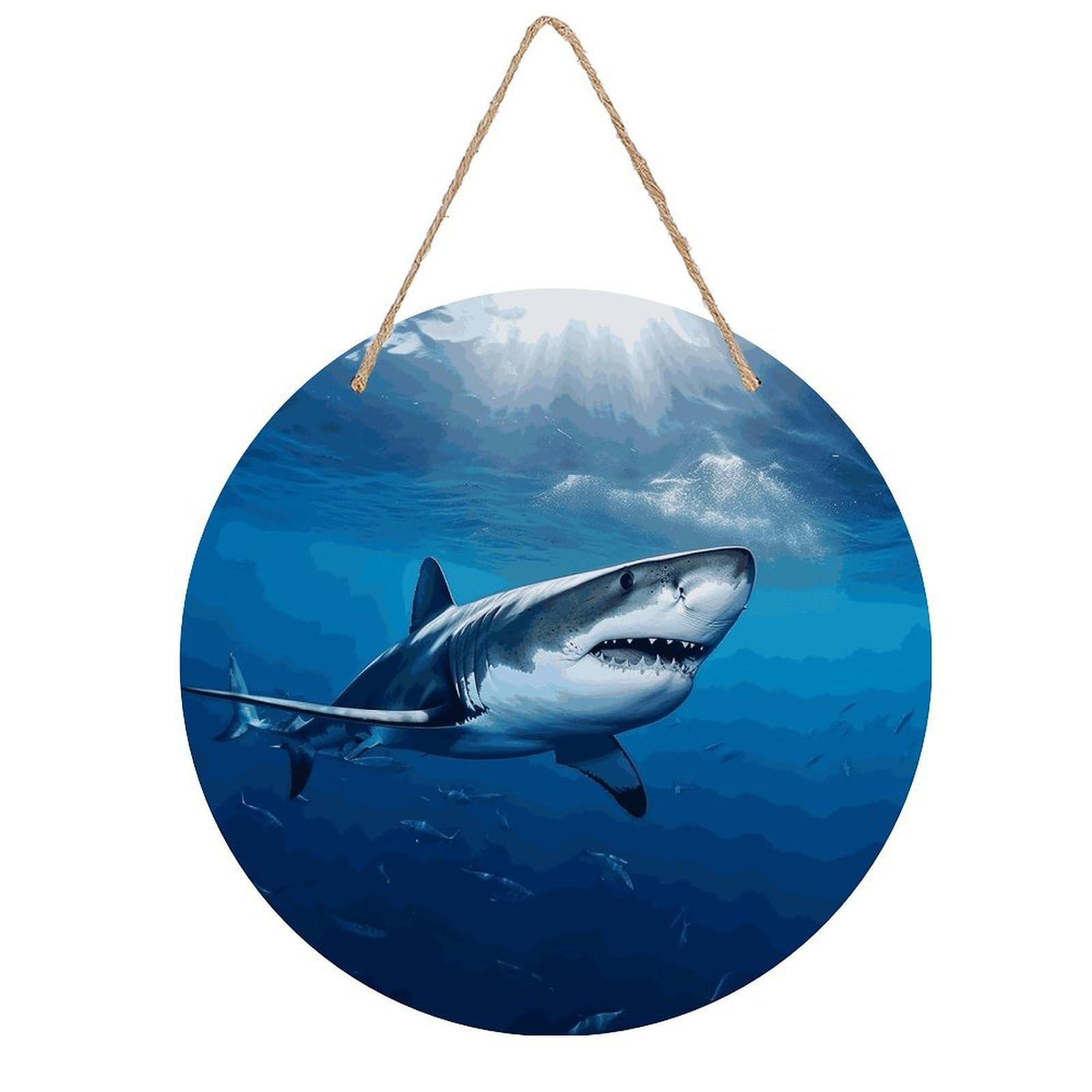 FekiLoot Ocean Sea Animal Shark Wall Art Decor Rustic Vintage Hanging Wall Sign Aesthetic Welcome Door Sign with Rope, Round Wood Walls Decoration Picture for Home Front Door 7.9x7.9 in