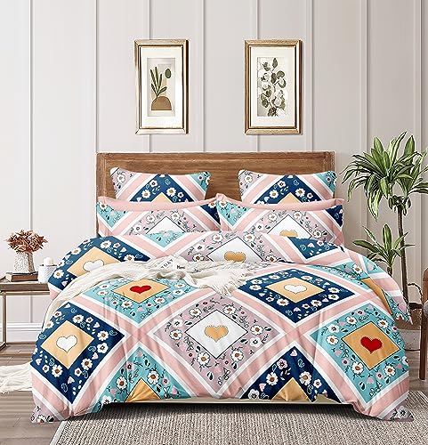 Image of Avinya Cotton Single Size Elastic Fitted Single Bedsheet (72x48x6) with 1 Pillow Covers (Multi Heart)