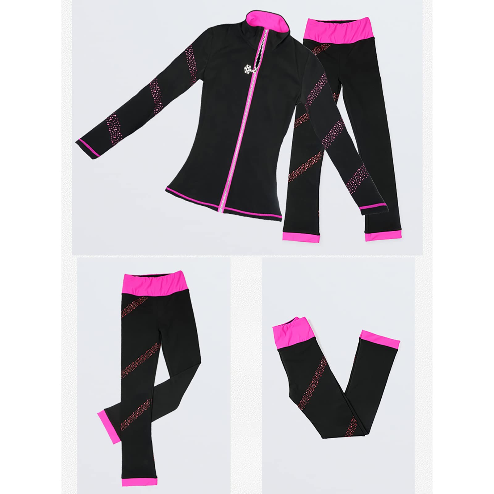 Pantalones de Patinaje Artístico y Chaqueta Mujer Alta Elasticidad Entrenamiento Competencia Patinaje Ropa, Traje de Patinaje sobre(Size:L,Color:Rosado)