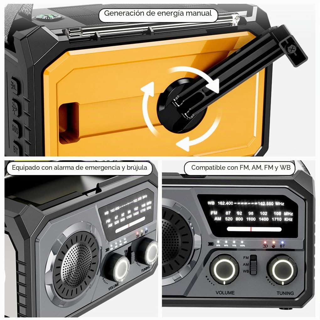 Radio de Emergencia con batería Recargable de 16000 mAh con manivela, Radio Solar portátil de Emergencia NOAA/FM/Am, SOS, Compass, Bluetooth 5.3, Linterna, USB de Teléfono (Gris Oscuro)