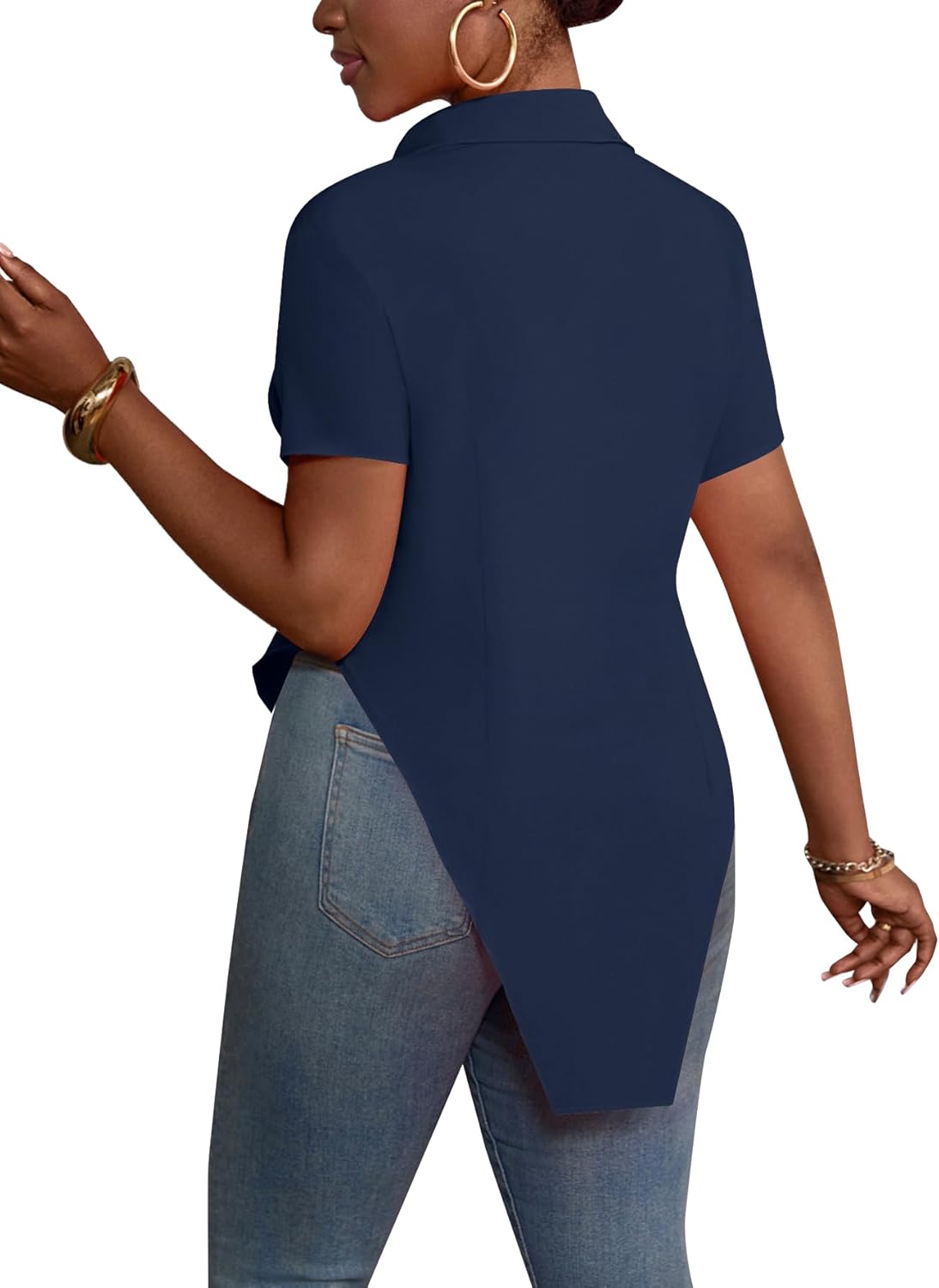 LYANER Women's Collar V Neck Button Front Short Sleeve Slit Hem Long Shirt Blouse Top - Image 6