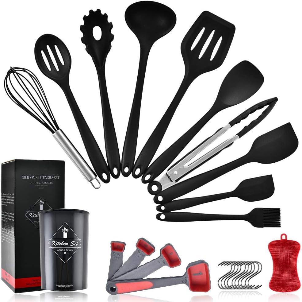 Silicone Cooking Utensil Set, Pahajim 26pcs Silicone Cooking Kitchen Utensils Set, Non-stick Heat Resistant - Kitchen Cookware with Stainless Steel Handle (2Black-Silicone Handle)