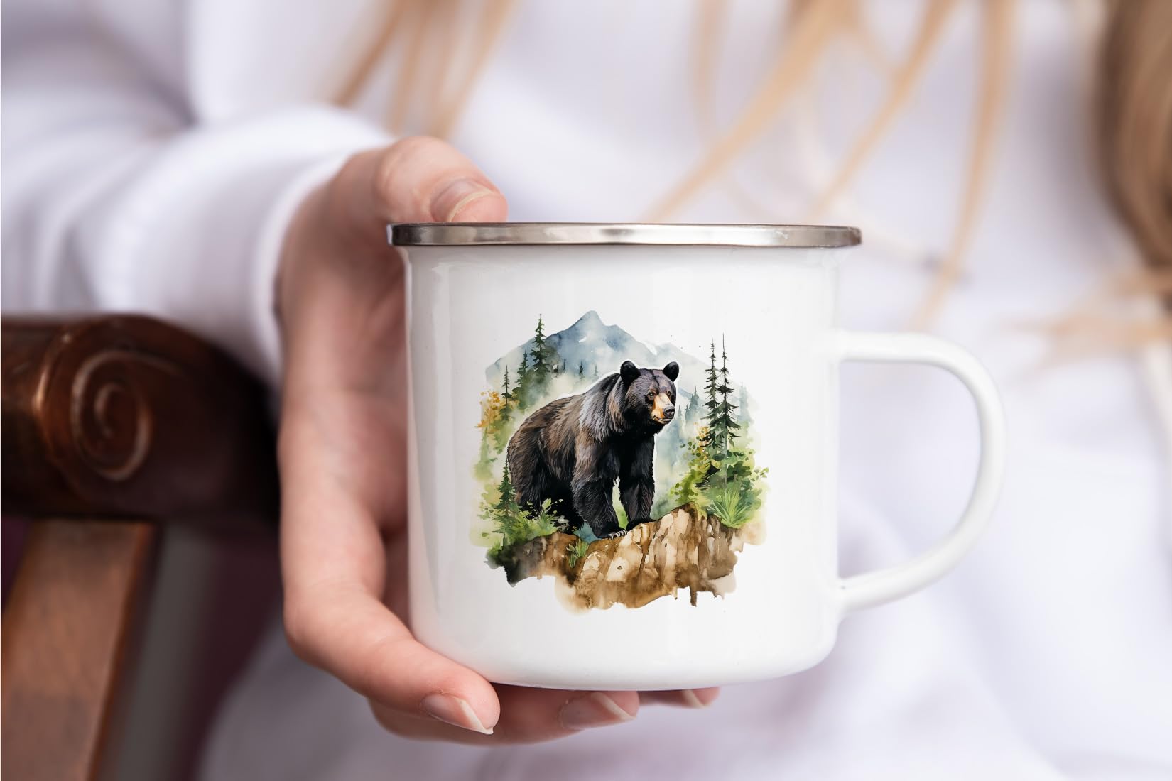 MAXIKIWI - Tazza da campeggio smaltata resistente per caffè o tè per uso interno ed esterno - Acquerello retrò fiori ape - 350 ml